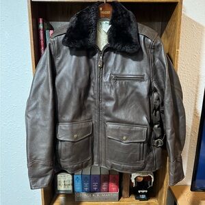 L.L. Bean Brown Wool Pile Leather Jacket with Black Fur Collar